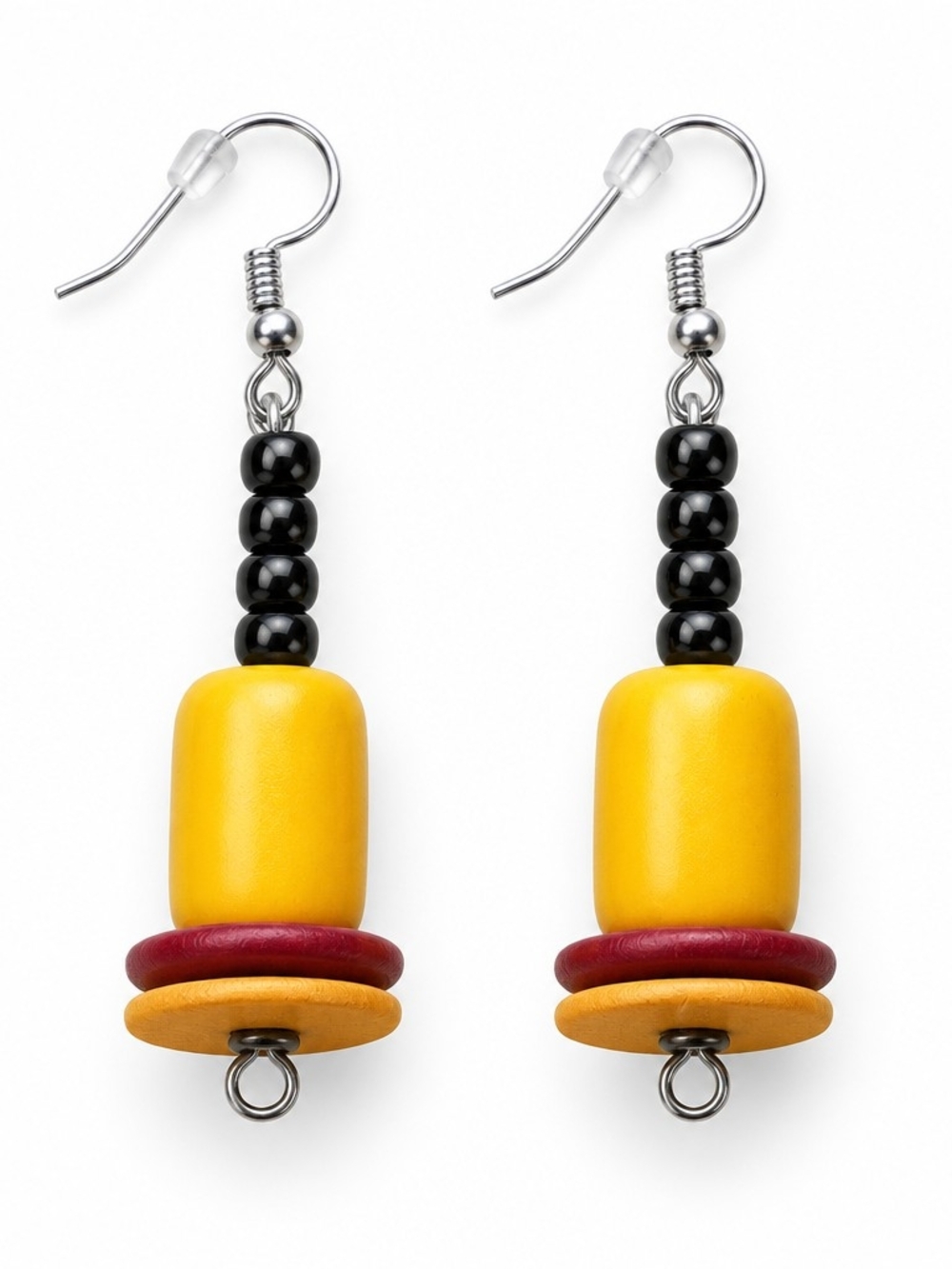 Yellow and Black Bead Drop Earrings with Burgundy Accent - Unbranded